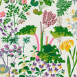 RABARBER wallpaper by Boråstapeter for Schumacher features a lush botanical pattern with colorful flowers and greenery on an ivory background.