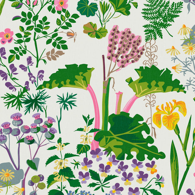 RABARBER wallpaper by Boråstapeter for Schumacher features a lush botanical pattern with colorful flowers and greenery on an ivory background.