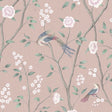 Paradise Birds wallpaper in Blush Shimmer by Boråstapeter for Schumacher, featuring birds and floral branches on a pink background.