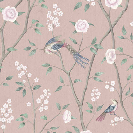 Paradise Birds wallpaper in Blush Shimmer by Boråstapeter for Schumacher, featuring birds and floral branches on a pink background.