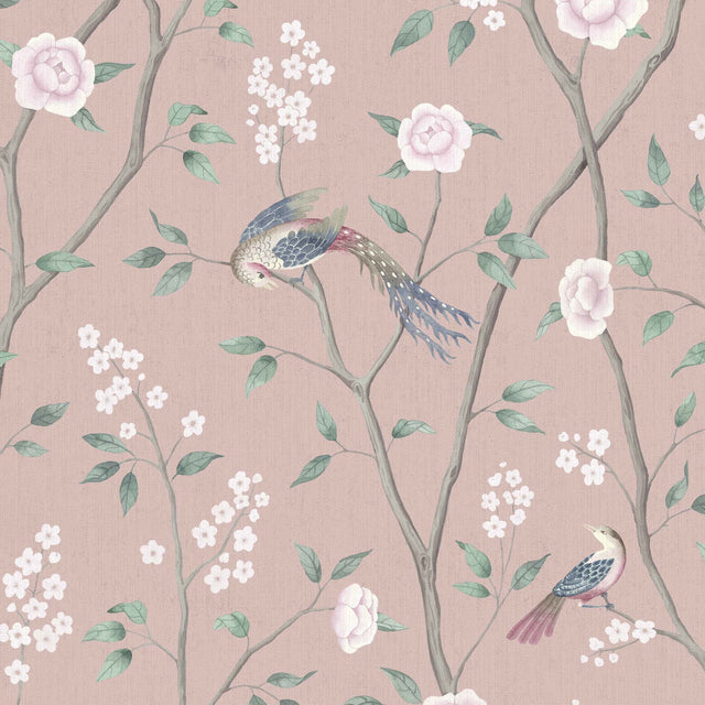 Paradise Birds wallpaper in Blush Shimmer by Boråstapeter for Schumacher, featuring birds and floral branches on a pink background.