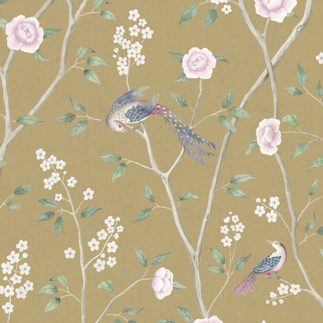 Paradise Birds wallpaper by Boråstapeter for Schumacher, featuring birds and floral branches on a gold background.
