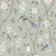 Paradise Birds wallpaper in Mineral Shimmer by Boråstapeter for Schumacher, featuring birds and floral branches on a shimmering background.