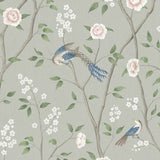 Paradise Birds wallpaper in Mineral Shimmer by Boråstapeter for Schumacher, featuring birds and floral branches on a shimmering background.