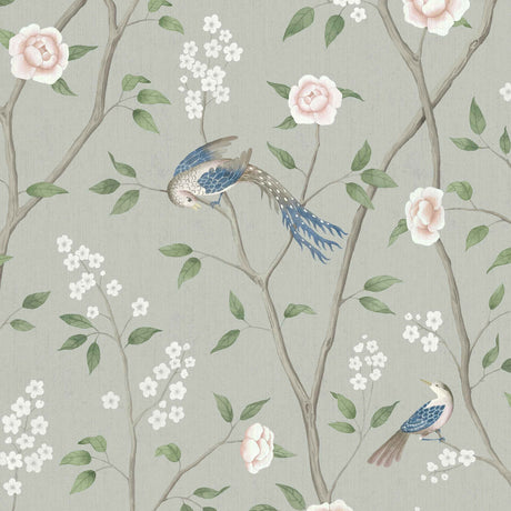Paradise Birds wallpaper in Mineral Shimmer by Boråstapeter for Schumacher, featuring birds and floral branches on a shimmering background.