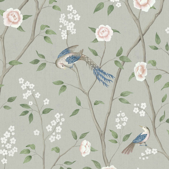 Paradise Birds wallpaper in Mineral Shimmer by Boråstapeter for Schumacher, featuring birds and floral branches on a shimmering background.