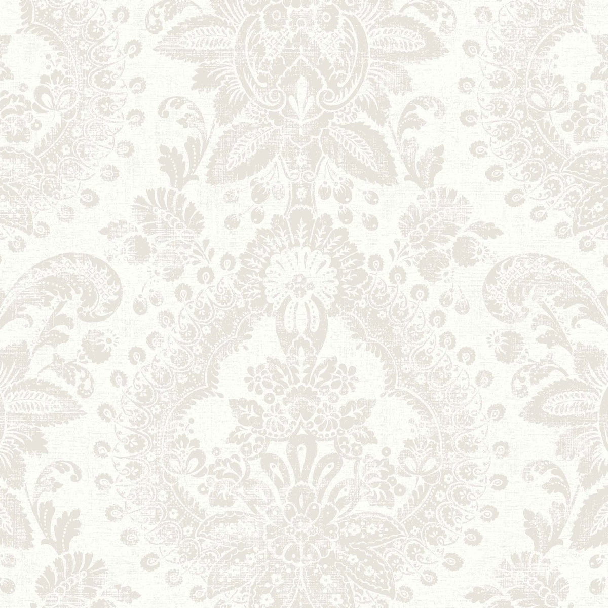 Boudoir Medallion wallpaper in grey by Boråstapeter for Schumacher, featuring a stylized flourish and paisley medallion pattern.