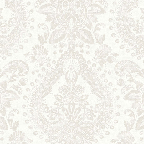 Boudoir Medallion wallpaper in grey by Boråstapeter for Schumacher, featuring a stylized flourish and paisley medallion pattern.