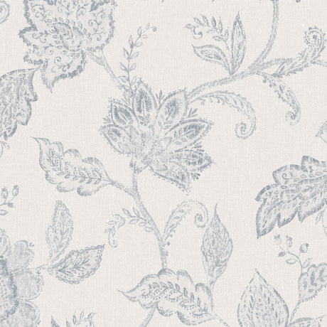Indigo Bloom blue floral paisley wallpaper by Boråstapeter for Schumacher, shown in a detailed close-up and as a rolled wallpaper.