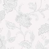 Indigo Bloom grey floral paisley wallpaper by Boråstapeter for Schumacher, shown in close-up and roll views.