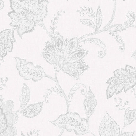 Indigo Bloom grey floral paisley wallpaper by Boråstapeter for Schumacher, shown in close-up and roll views.