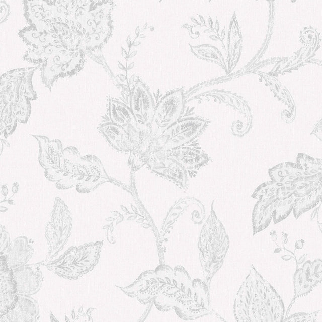 Indigo Bloom grey floral paisley wallpaper by Boråstapeter for Schumacher, shown in close-up and roll views.