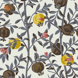 Granatapple wallpaper in slate and ochre by Boråstapeter for Schumacher, featuring pomegranates and foliage in a Scandinavian design.