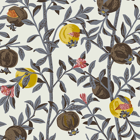 Granatapple wallpaper in slate and ochre by Boråstapeter for Schumacher, featuring pomegranates and foliage in a Scandinavian design.