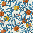 Granatapple Persimmon wallpaper by Boråstapeter for Schumacher, featuring pomegranates and blue foliage on a light background.