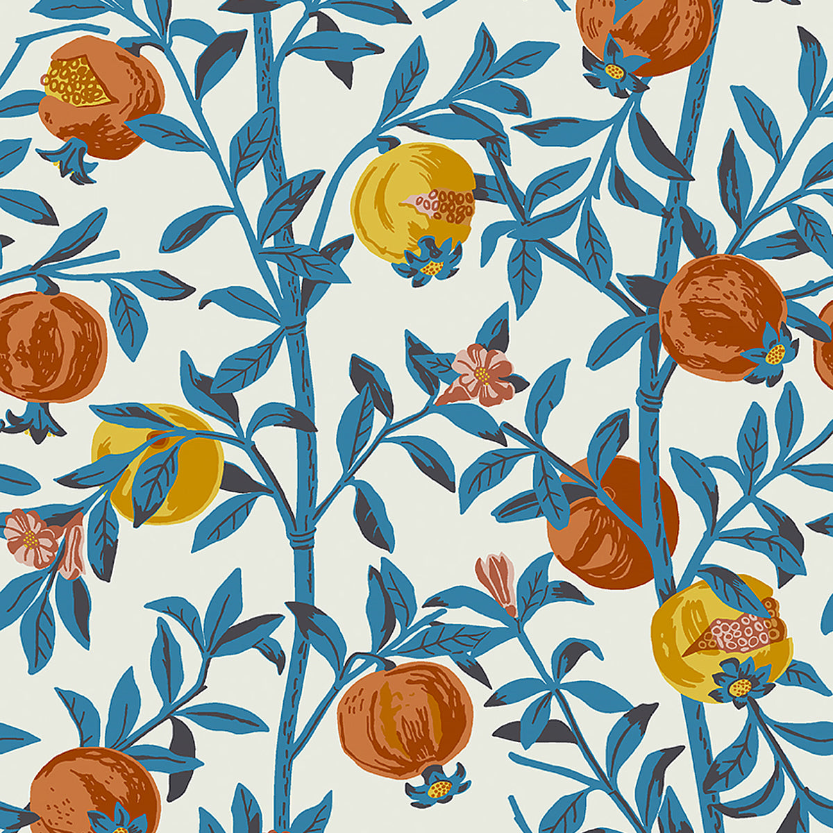 Granatapple Persimmon wallpaper by Boråstapeter for Schumacher, featuring pomegranates and blue foliage on a light background.