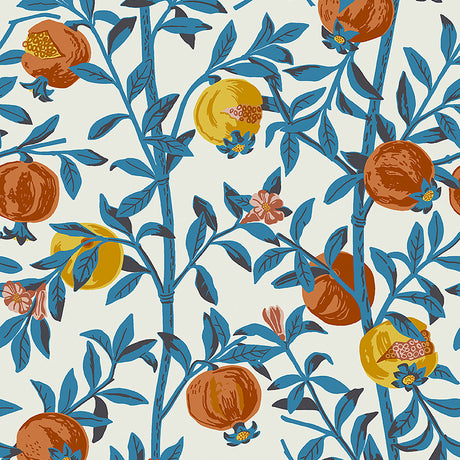 Granatapple Persimmon wallpaper by Boråstapeter for Schumacher, featuring pomegranates and blue foliage on a light background.