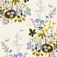 Fågelbo by Boråstapeter for Schumacher. Multi-colored spring garden wallpaper with blooming irises, bird nests, and butterflies.
