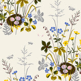 Fågelbo by Boråstapeter for Schumacher. Multi-colored spring garden wallpaper with blooming irises, bird nests, and butterflies.