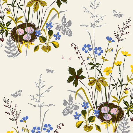 Fågelbo by Boråstapeter for Schumacher. Multi-colored spring garden wallpaper with blooming irises, bird nests, and butterflies.