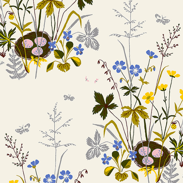 Fågelbo by Boråstapeter for Schumacher. Multi-colored spring garden wallpaper with blooming irises, bird nests, and butterflies.