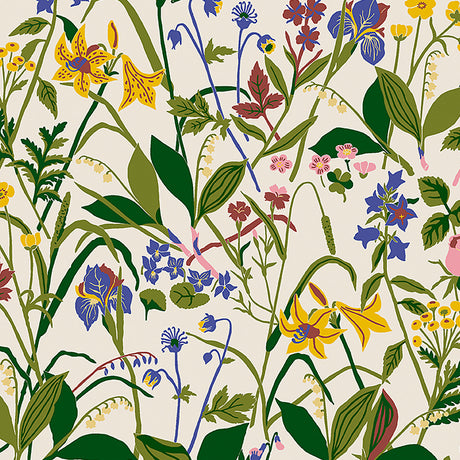 ROS OCH LILJA wallpaper in ivory by Boråstapeter for Schumacher, featuring a Scandinavian floral pattern with lilies, irises, and wildflowers.