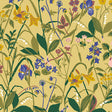 Ochre floral wallpaper with lilies, irises, roses, and wildflowers in a Scandinavian style by Boråstapeter for Schumacher.