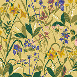 Ochre floral wallpaper with lilies, irises, roses, and wildflowers in a Scandinavian style by Boråstapeter for Schumacher.
