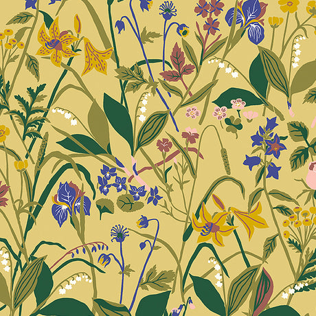 Ochre floral wallpaper with lilies, irises, roses, and wildflowers in a Scandinavian style by Boråstapeter for Schumacher.