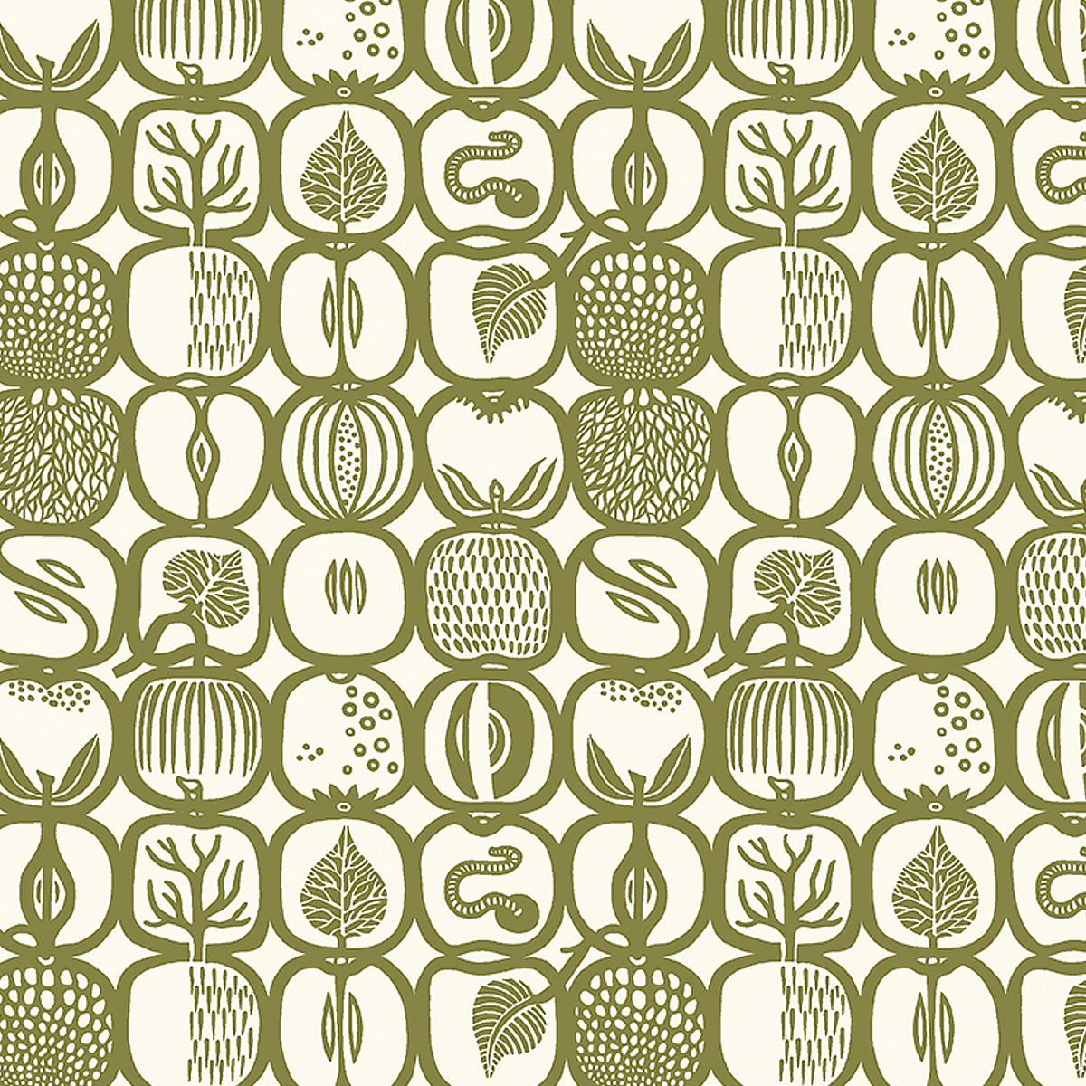 Fruktlåda olive green fruit and foliage print wallpaper by Boråstapeter for Schumacher, shown in a Scandinavian kitchen interior.