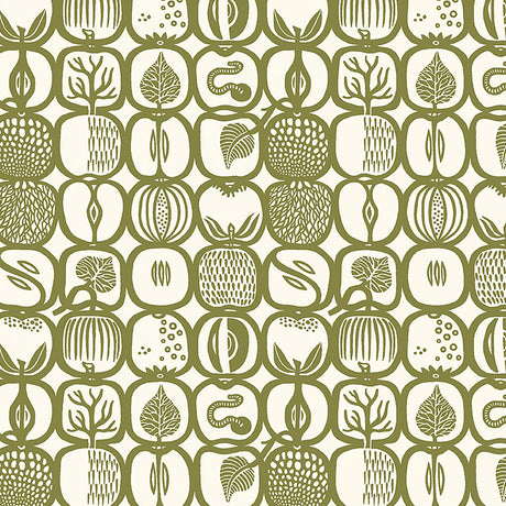 Fruktlåda olive green fruit and foliage print wallpaper by Boråstapeter for Schumacher, shown in a Scandinavian kitchen interior.
