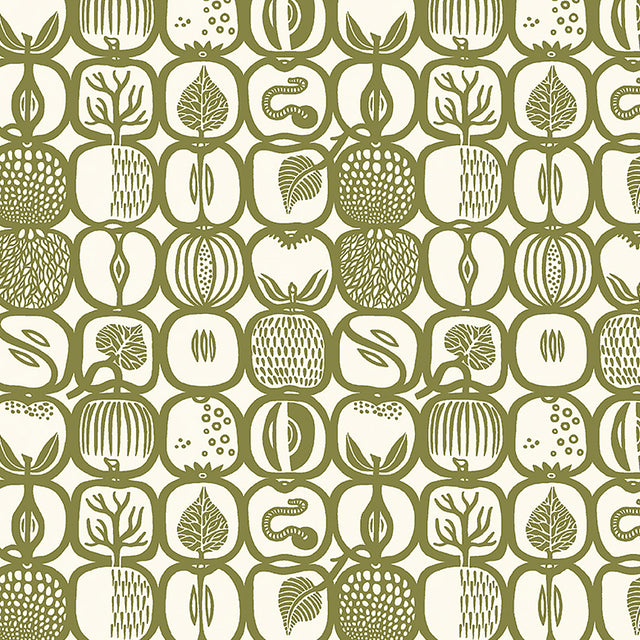 Fruktlåda olive green fruit and foliage print wallpaper by Boråstapeter for Schumacher, shown in a Scandinavian kitchen interior.