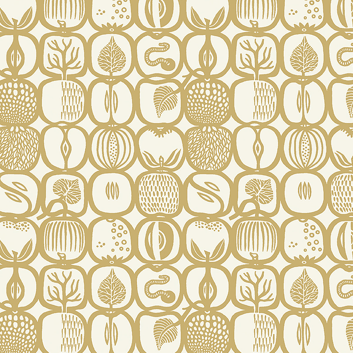 Fruktlåda Ochre by Boråstapeter, a retro-inspired fruit print wallpaper in ochre and white.