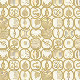 Fruktlåda Ochre by Boråstapeter, a retro-inspired fruit print wallpaper in ochre and white.