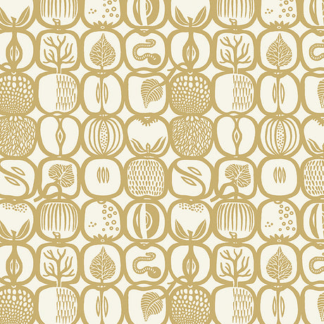 Fruktlåda Ochre by Boråstapeter, a retro-inspired fruit print wallpaper in ochre and white.