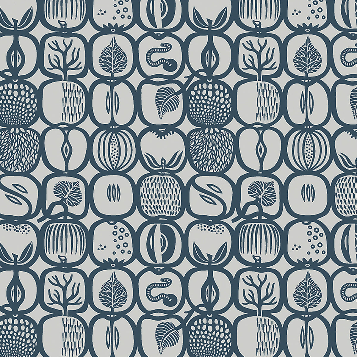Fruktlåda Slate by Boråstapeter, a joyful fruit-print wallpaper in blue-grey with retro Swedish charm, designed by Stig Lindberg.