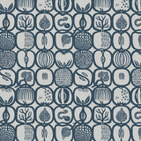 Fruktlåda Slate by Boråstapeter, a joyful fruit-print wallpaper in blue-grey with retro Swedish charm, designed by Stig Lindberg.