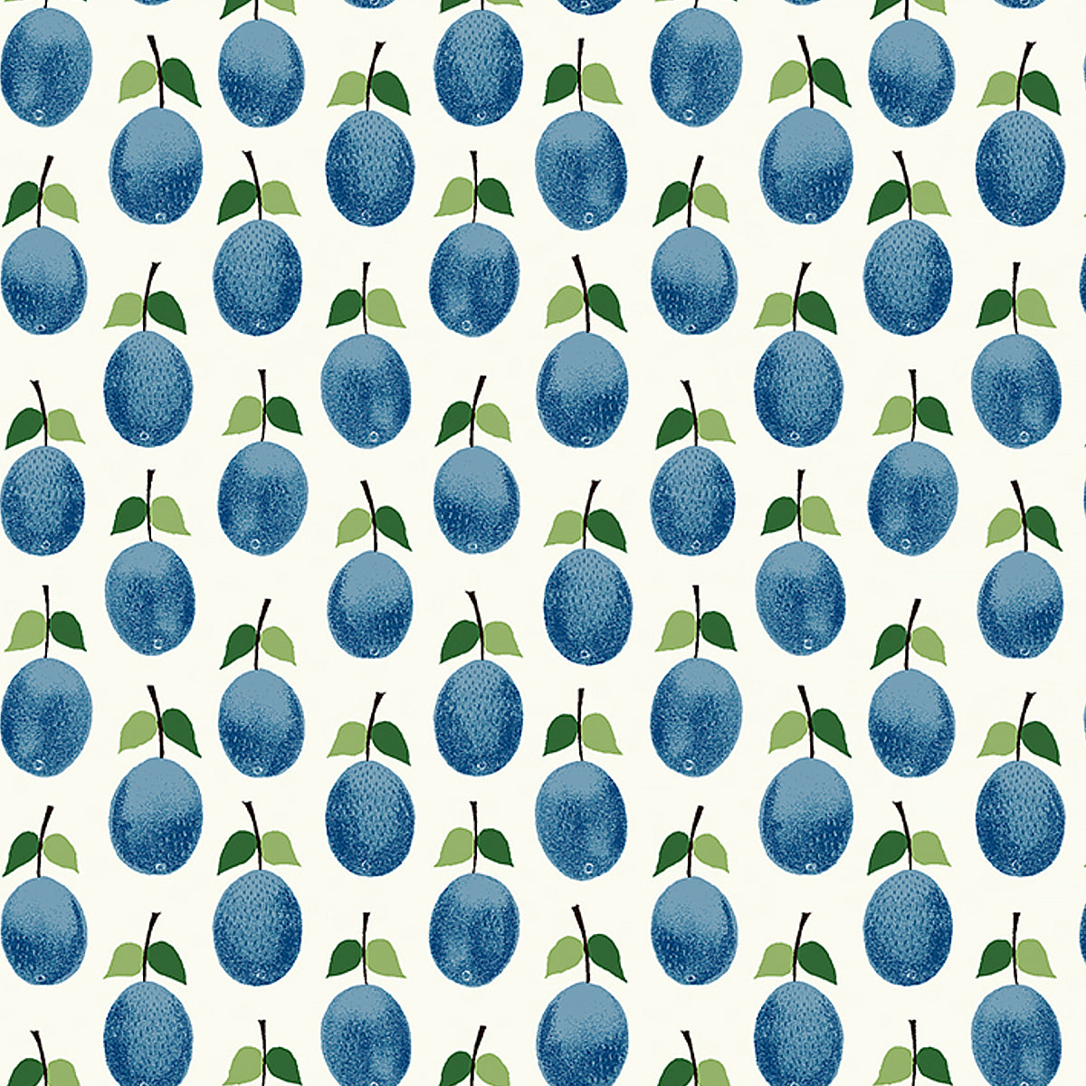 Prunus blue wallpaper by Boråstapeter for Schumacher, featuring whimsical blue plums and green leaves in a vintage Scandinavian design.
