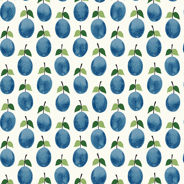Prunus blue wallpaper by Boråstapeter for Schumacher, featuring whimsical blue plums and green leaves in a vintage Scandinavian design.