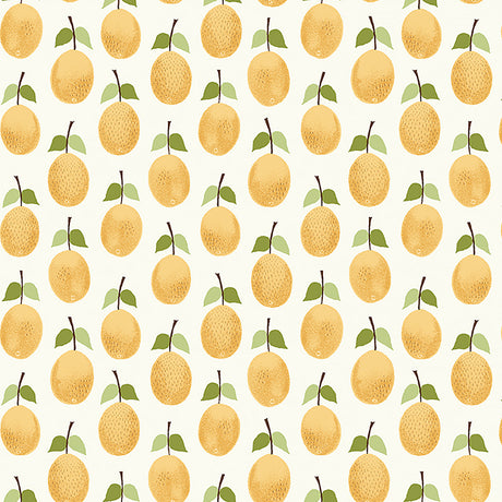 Prunus yellow wallpaper by Boråstapeter for Schumacher, featuring whimsical vintage plums in a cheerful retro style.