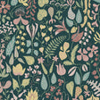 Herbarium wallpaper in Spruce by Boråstapeter for Schumacher, featuring whimsical Scandinavian floral and leaf motifs in green, pink, and yellow.