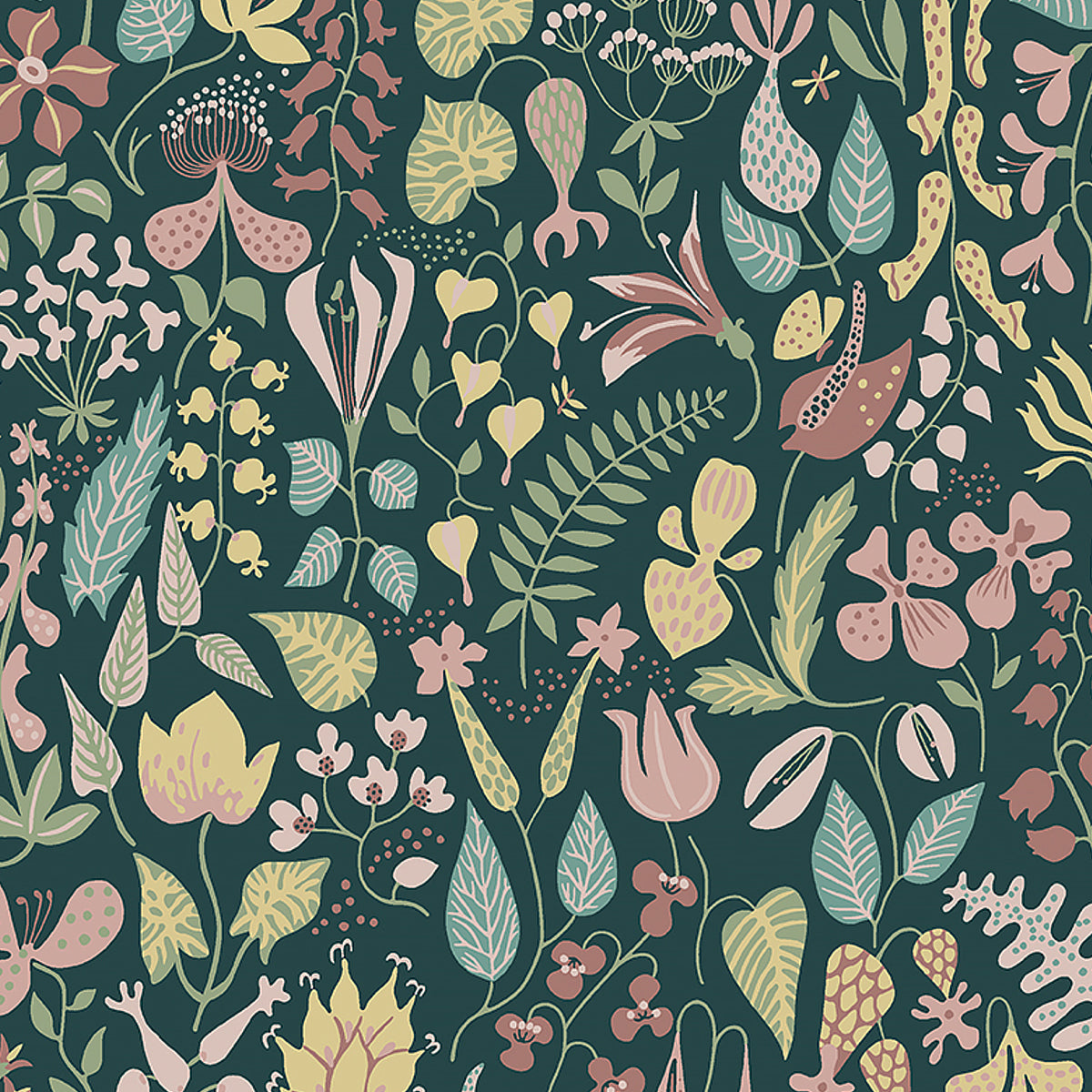 Herbarium wallpaper in Spruce by Boråstapeter for Schumacher, featuring whimsical Scandinavian floral and leaf motifs in green, pink, and yellow.