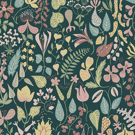 Herbarium wallpaper in Spruce by Boråstapeter for Schumacher, featuring whimsical Scandinavian floral and leaf motifs in green, pink, and yellow.
