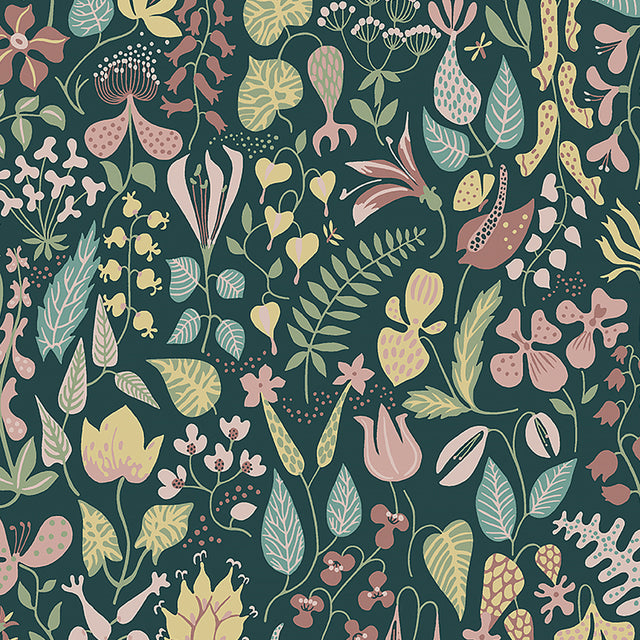 Herbarium wallpaper in Spruce by Boråstapeter for Schumacher, featuring whimsical Scandinavian floral and leaf motifs in green, pink, and yellow.