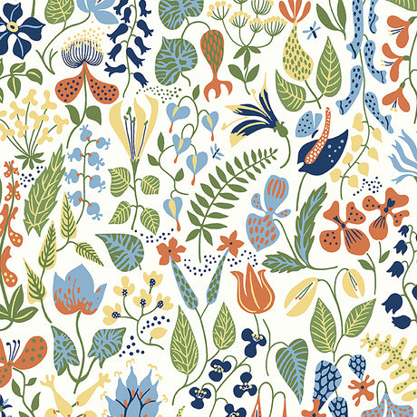 Herbarium wallpaper by Boråstapeter for Schumacher, featuring a whimsical multicolored botanical pattern by Stig Lindberg.