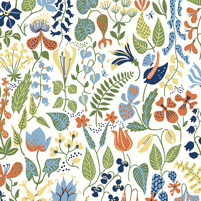 Herbarium wallpaper by Boråstapeter for Schumacher, featuring a whimsical multicolored botanical pattern by Stig Lindberg.