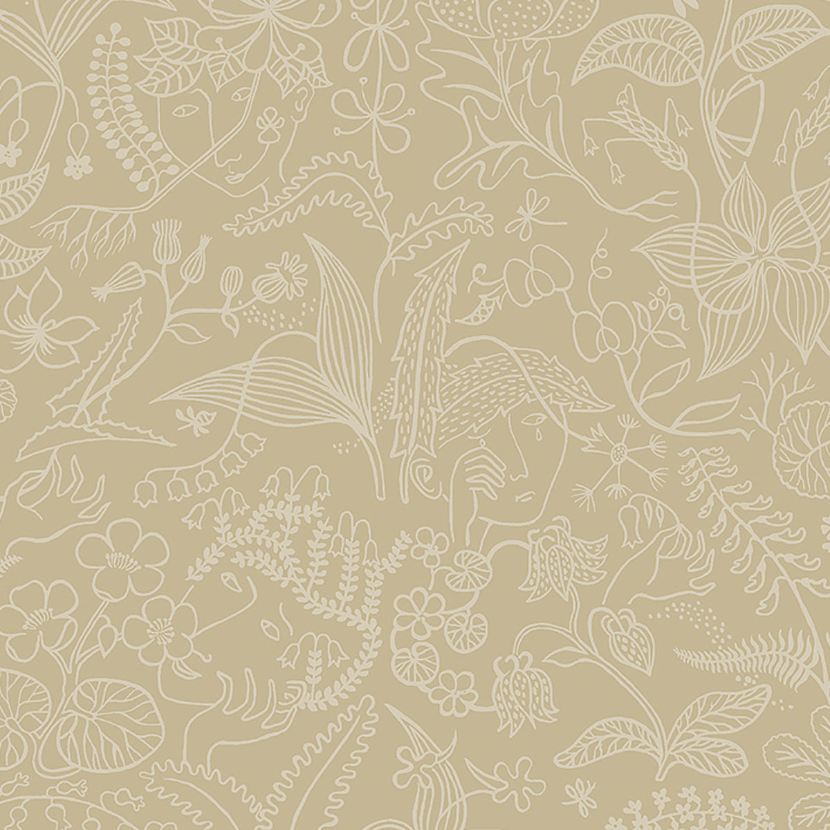 Grazia wallpaper in parchment by Boråstapeter for Schumacher, featuring whimsical garden and surrealist faces in a neutral palette.