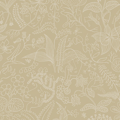 Grazia wallpaper in parchment by Boråstapeter for Schumacher, featuring whimsical garden and surrealist faces in a neutral palette.