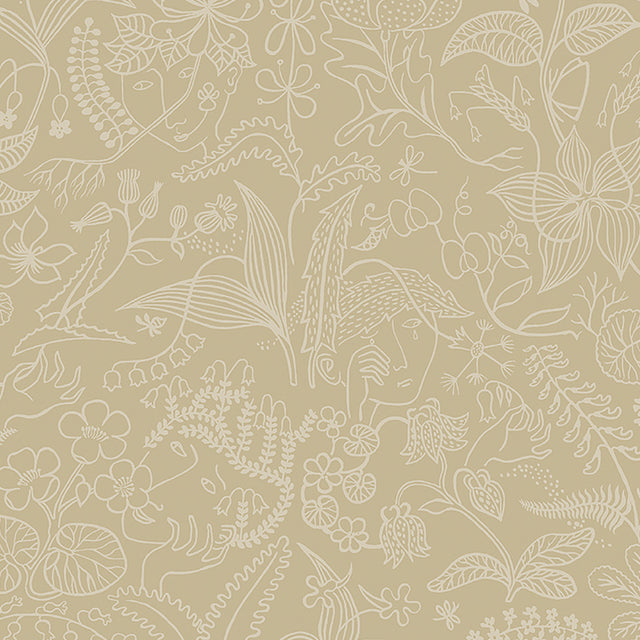 Grazia wallpaper in parchment by Boråstapeter for Schumacher, featuring whimsical garden and surrealist faces in a neutral palette.