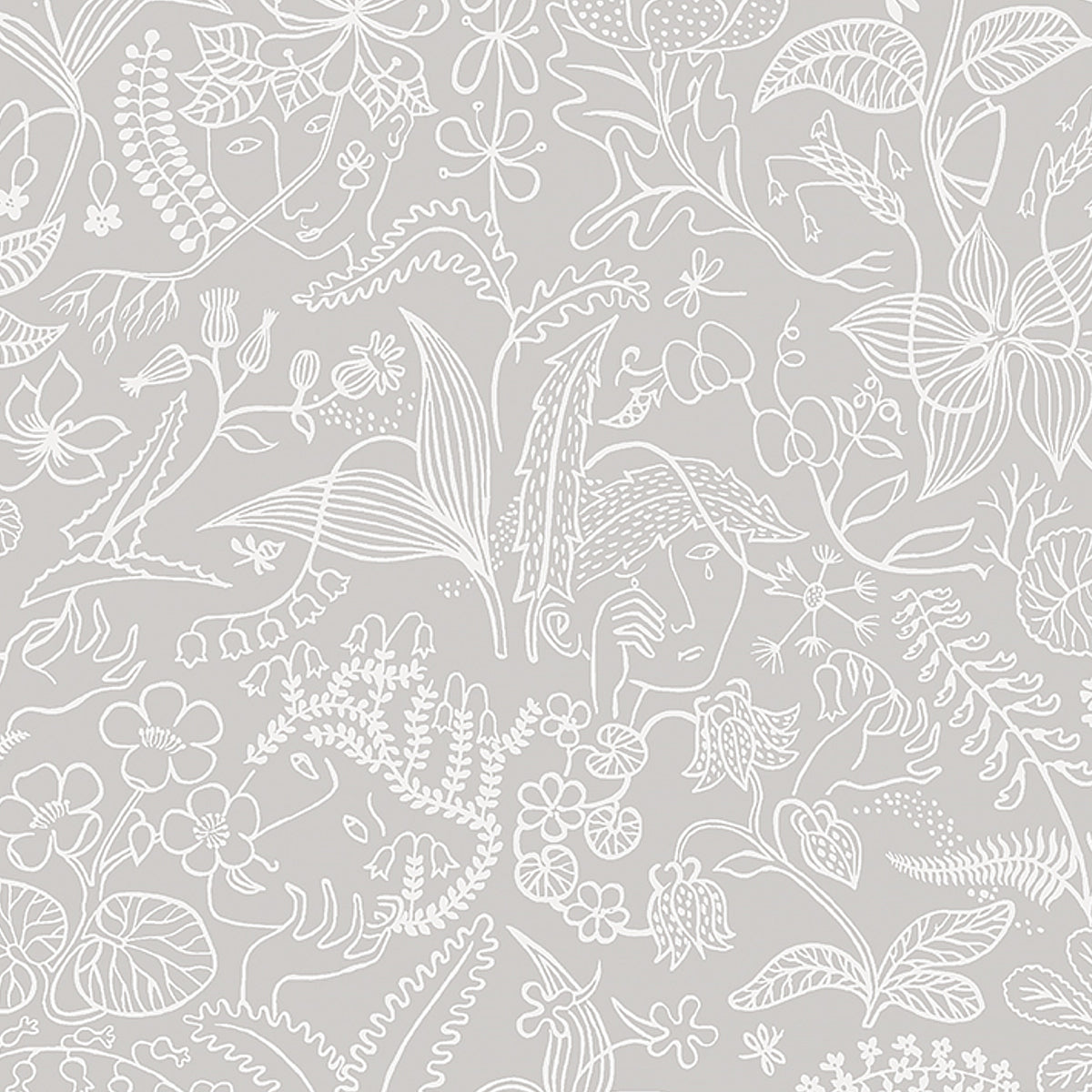 Grazia wallpaper in grey by Boråstapeter for Schumacher, featuring a whimsical garden motif with hidden faces and hands in a surrealist style.